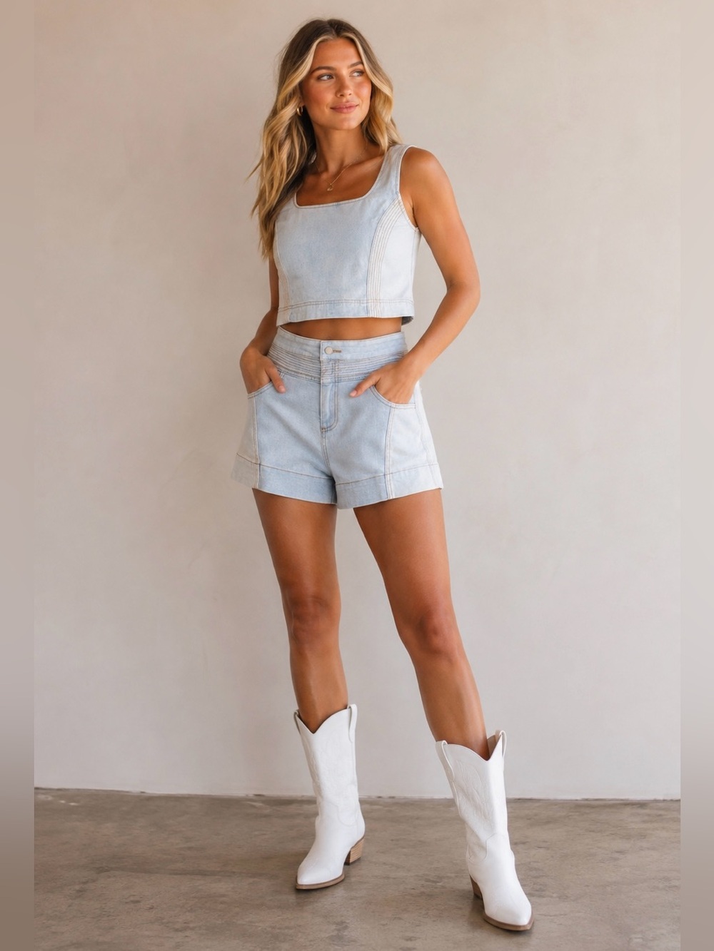 Light Blue Denim High-Waist Short Crop Set Size Medium! NWT
